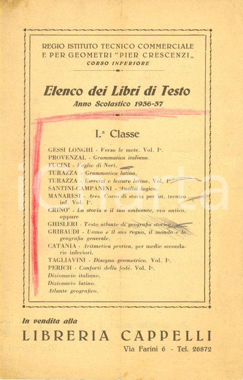 1936 BOLOGNA Libreria CAPPELLI Elenco libri testo Regio Istituto PIER CRESCENZI