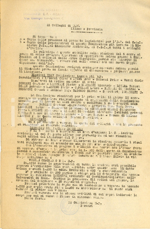 1947 MILANO Difficile collaborazione CONI-CSI per educazione fisica *Relazione