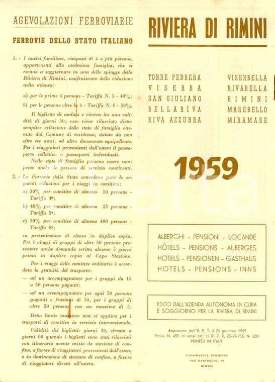 1959 Riviera di RIMINI Elenco alberghi pensioni locande *AZIENDA CURA SOGGIORNO