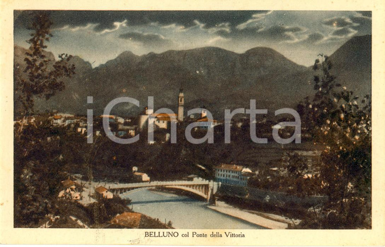 1930 ca BELLUNO Panorama con il Ponte della VITTORIA *Cartolina ILLUSTRATA FP NV