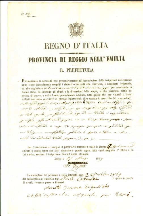 1869 CORREGGIO (RE) Carolina RESTI ripara un tratto di arginatura *Documento