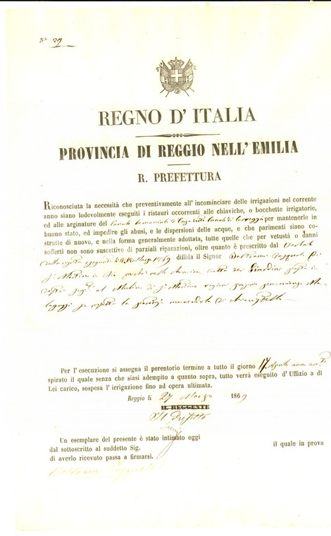 1869 CORREGGIO (RE) Pasquale BELTRAMI ripara chiavica dei GIARDINI *Documento