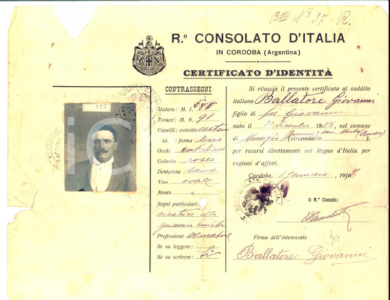 1917 CORDOBA (ARGENTINA) Certificato d'identità Giovanni BALLATORE per espatrio