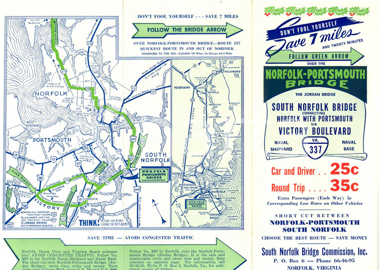 1955 ca USA The JORDAN bridge connecting NORFOLK and PORTSMOUTH *Opuscolo mappa