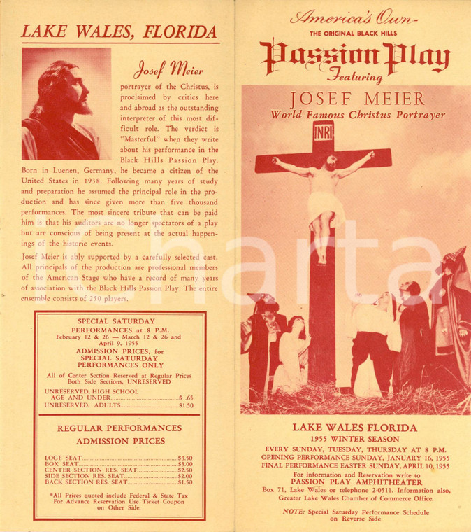 1955 LAKE WALES (USA) Passion play featuring Josef MEIER Volantino pubblicitario