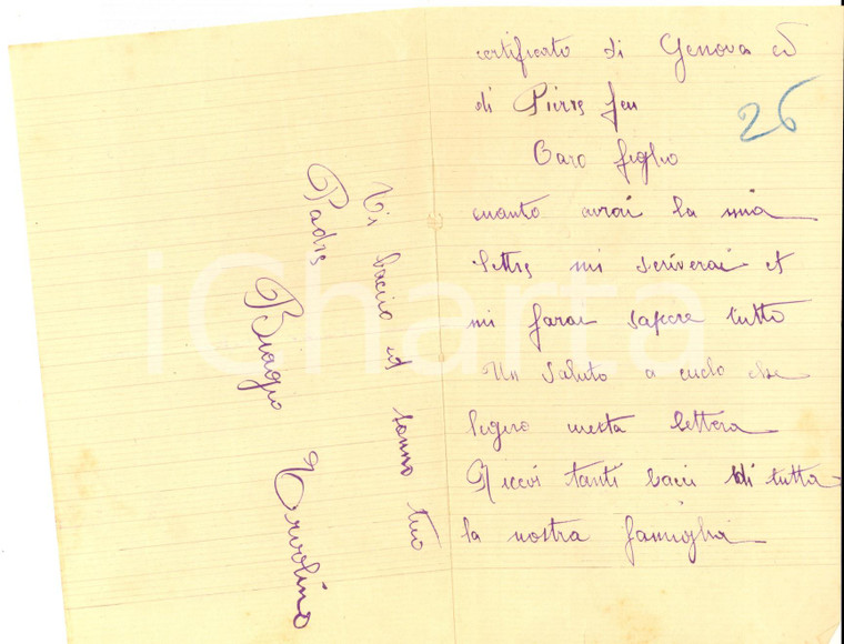 1912 LE BEAUSSET (F) Biagio ERVOLINO chiede certificato per il figlio *Lettera