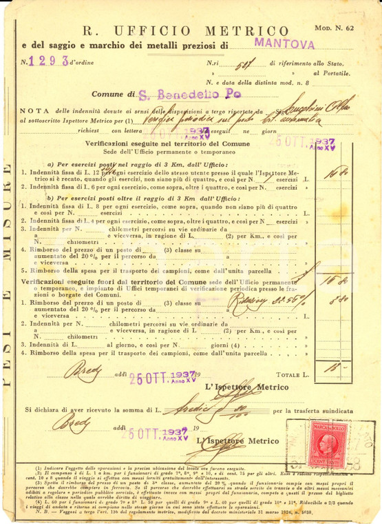 1937 SAN BENEDETTO PO (MN) Regio Ufficio Metrico Nota delle indennità *Documento