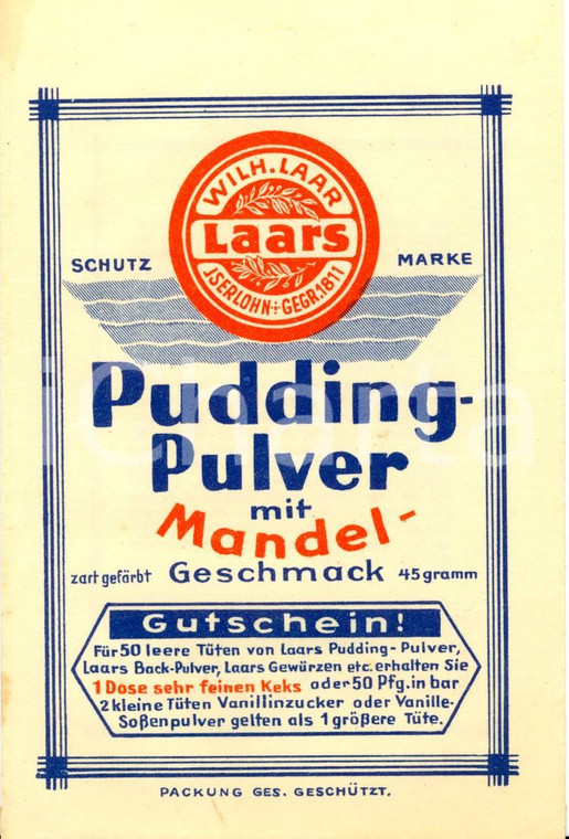 1955 ca ISERLOHN (D) Wilh. Laar LAARS Pudding pulver mit Mandel-Geschmack *Busta