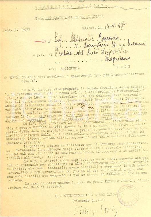 1947 MILANO Provveditorato Studi Nomina insegnante liceo scientifico LEGNANO