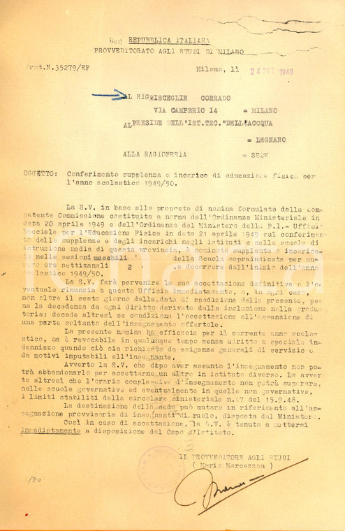 1949 MILANO Provveditorato Studi Nomina insegnante istituto Dell'Acqua LEGNANO