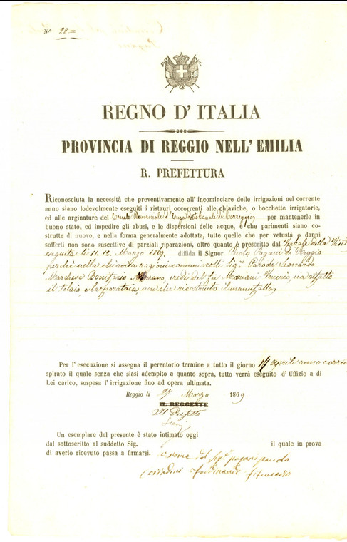 1869 REGGIO EMILIA Paolo PAGANI ricostruisce telaio e paratoia *Documento