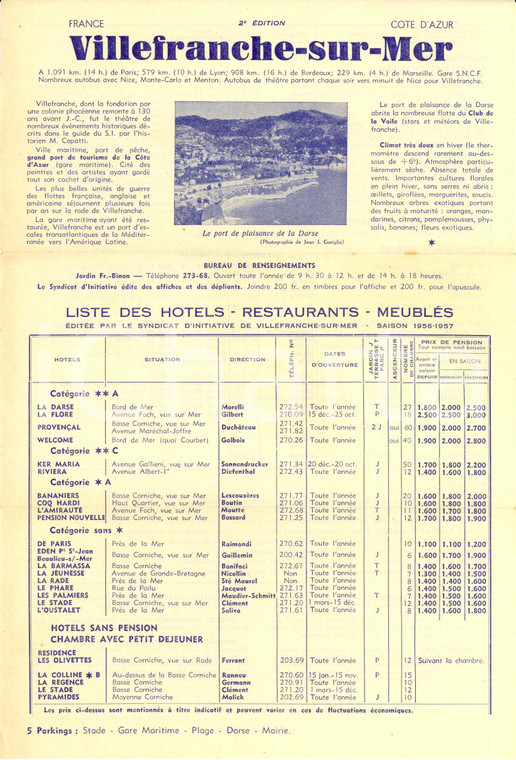 1955 ca VILLEFRANCHE-SUR-MER (F) COTE D'AZUR Liste hotels, restaurants, meublés