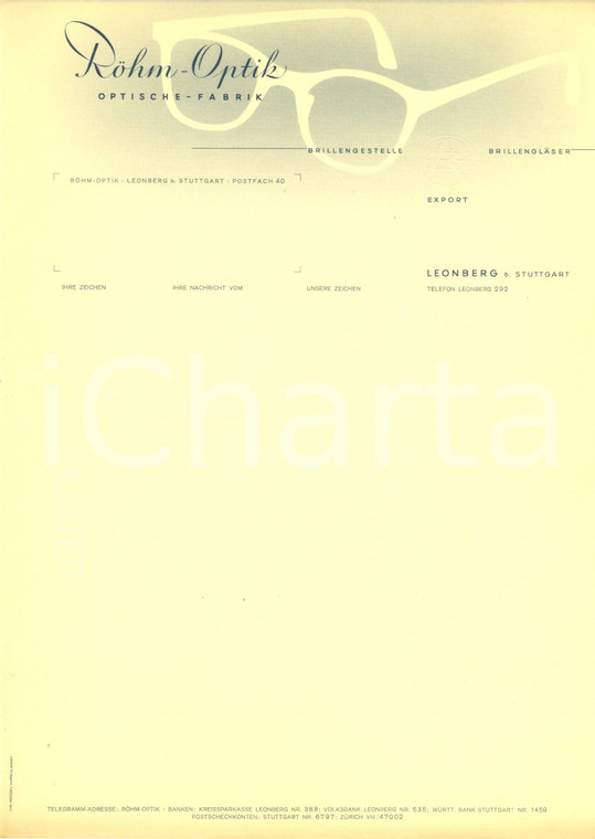 1950 ca LEONBERG (D) ROHM-OPTIK optische-fabrik *Carta intestata ILLUSTRATA
