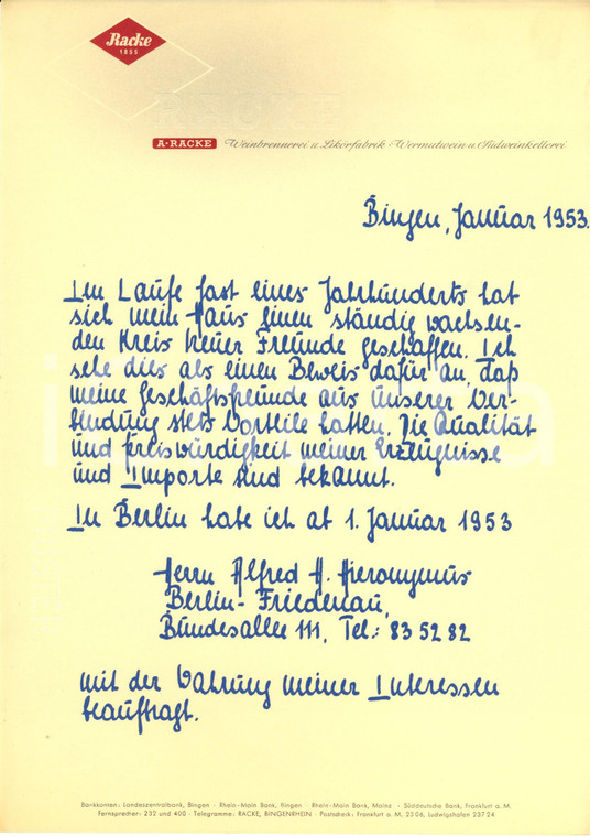 1953 BINGEN AM RHEIN (D) A. RACKE weinbrennerei likorfabrik *Carta intestata