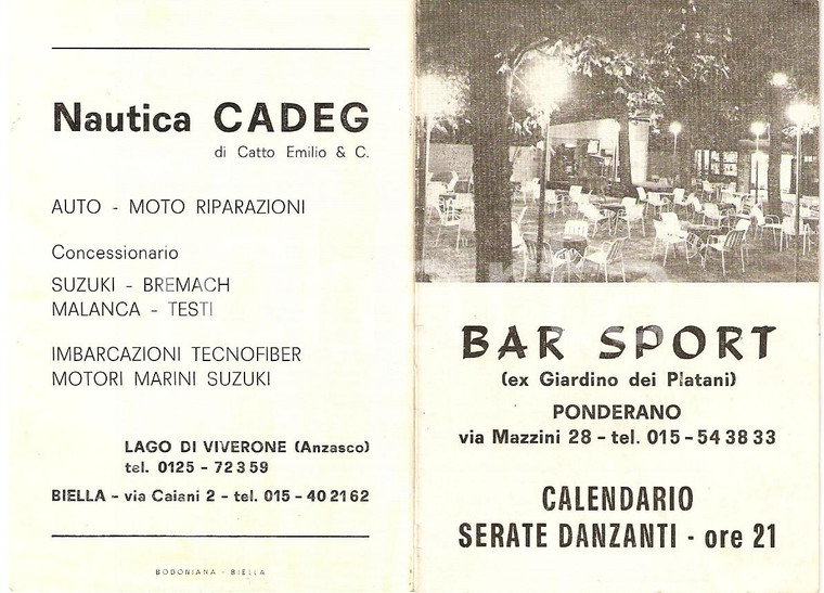 1965 ca PONDERANO (BI) Bar sport Serate danzanti DIAVOLI DEL LISCIO *Pieghevole