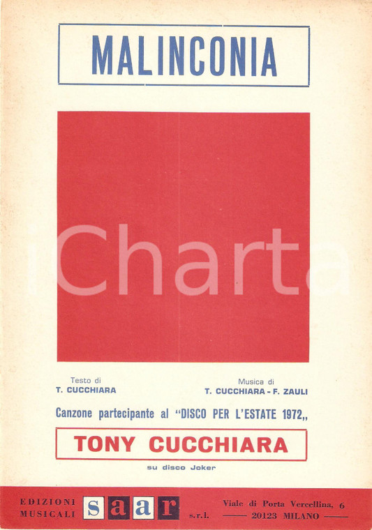 1972 DISCO PER L'ESTATE Tony CUCCHIARA Malinconia Ed. SAAR *Spartito JOKER 