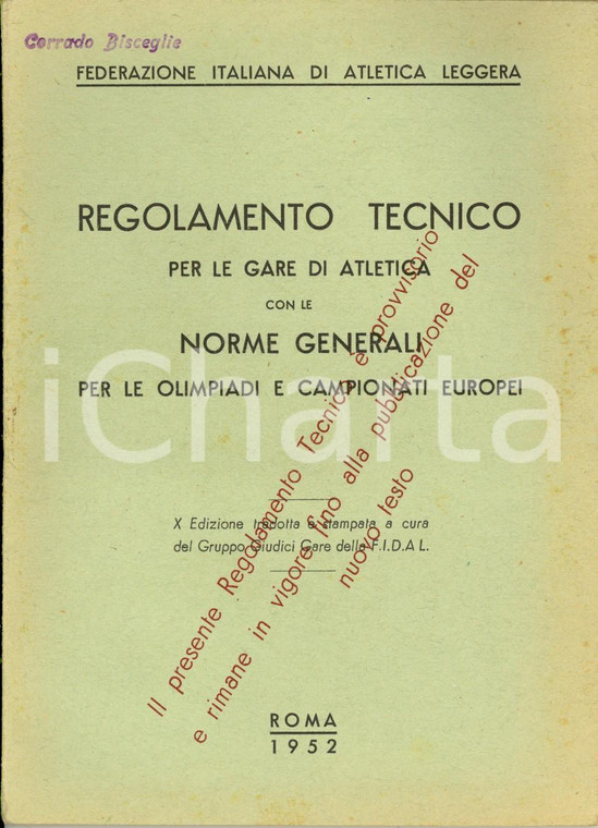 1952 ROMA FIDAL Regolamento tecnico gare atletica norme per Olimpiadi e Europei
