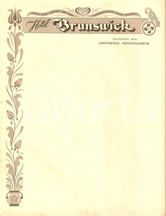 1950 ca LANCASTER Pennsylvania (USA) Hotel BRUNSWICK Carta intestata ILLUSTRATA