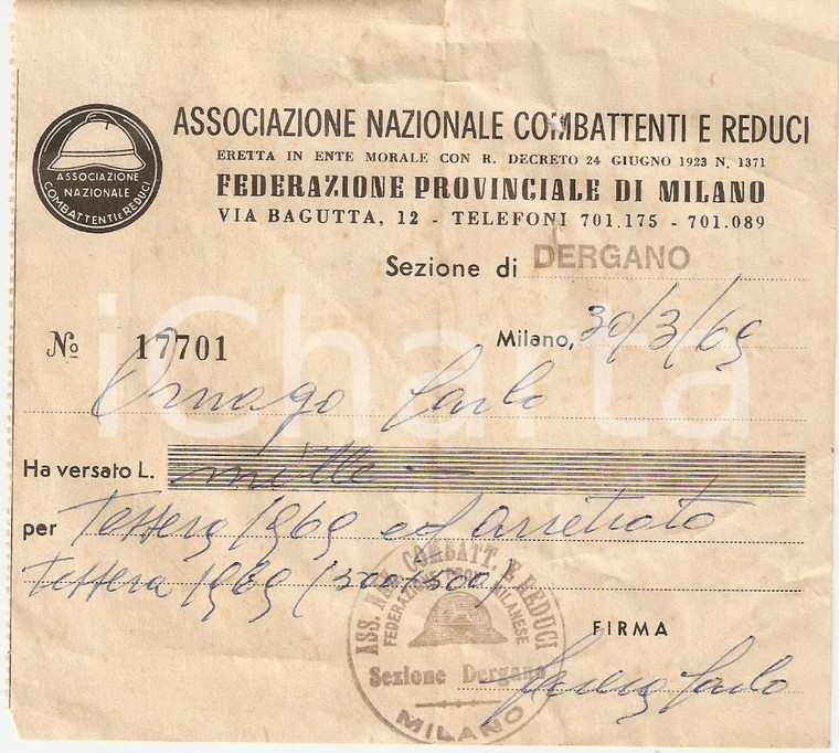 1969 MILANO - BOVISA Associazione combattenti e reduci Sez. DERGANO *Ricevuta