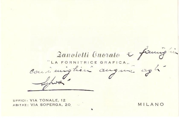 1950 ca MILANO Onorato ZANOLETTI Fornitrice grafica *Biglietto auguri autografo
