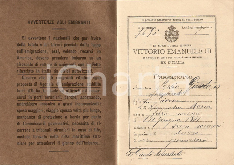 1914 FARA NOVARESE (NO) Giusto PORZIO viaggia a suo rischio negli USA Passaporto