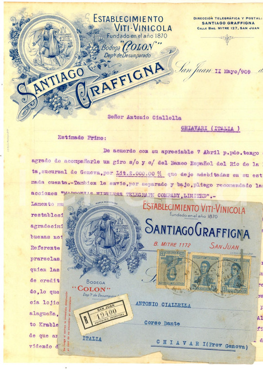 1919 SAN JUAN (ARGENTINA) Lettera Santiago GRAFFIGNA establecimiento vinicola