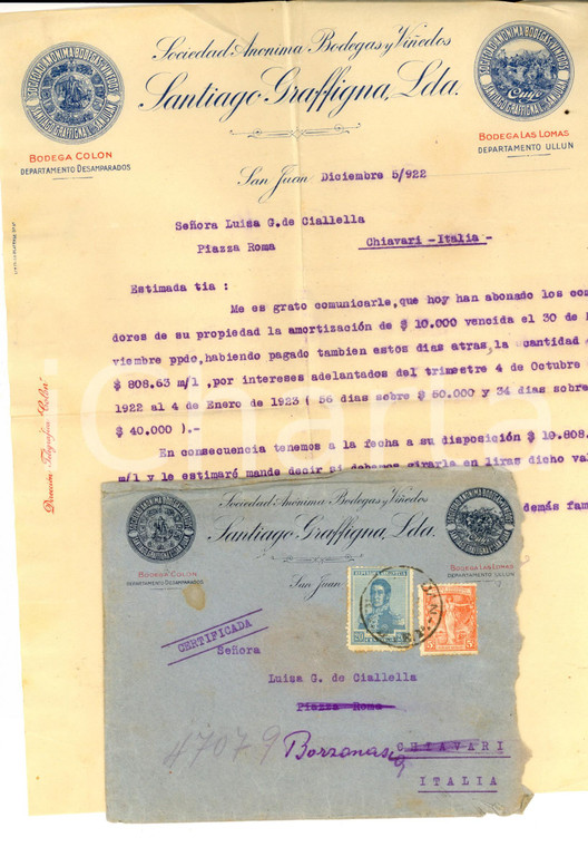 1922 SAN JUAN (ARGENTINA) Santiago GRAFFIGNA su vendita pro Luisa CIALLELLA