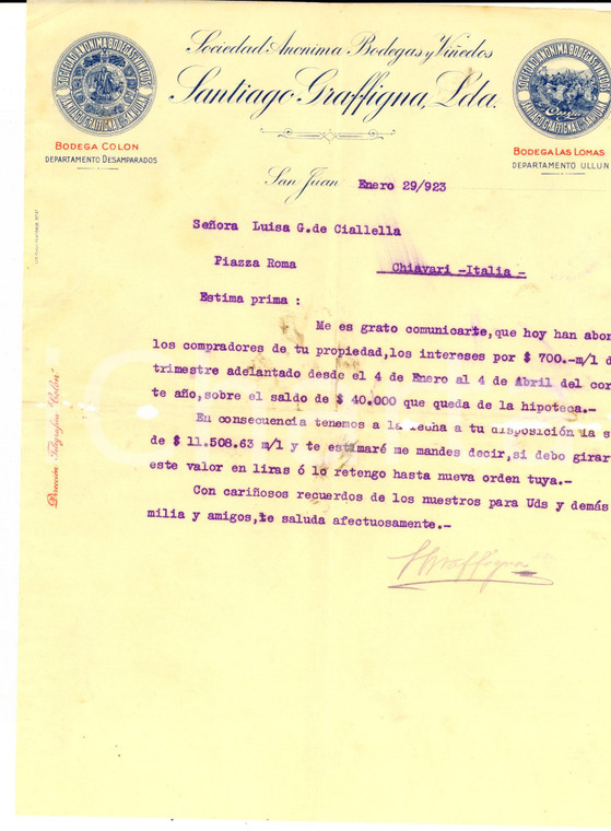 1923 SAN JUAN (RA) Santiago GRAFFIGNA a Luisa CIALLELLA su vendita proprietà