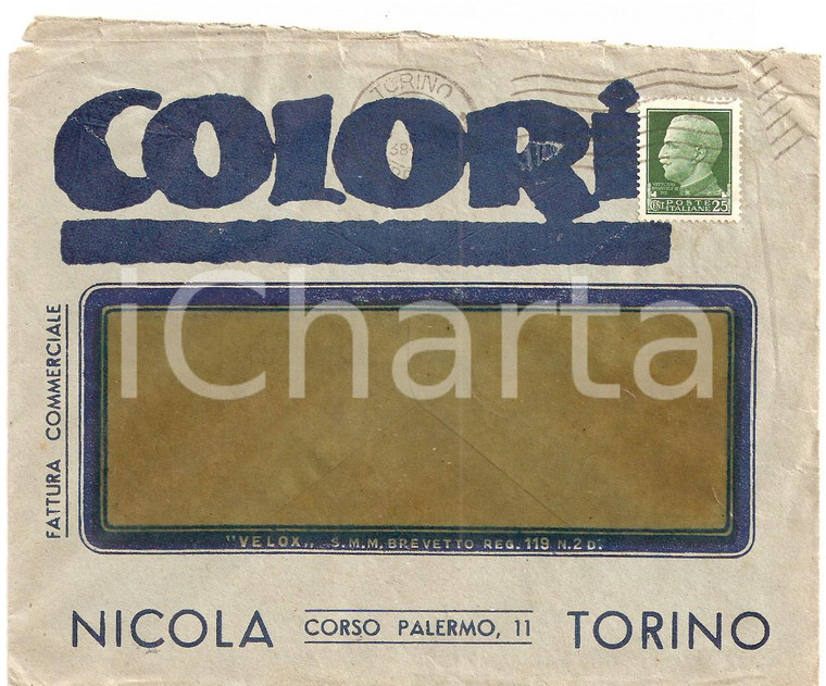1938 TORINO Società COLORI Cedola assegno BANCO DI SICILIA *Busta intestata