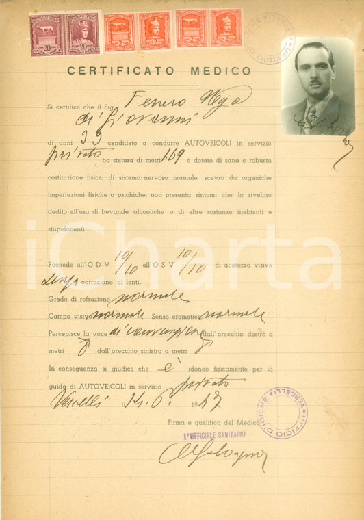 1947 VERCELLI Certificato medico di Ugo FERRERO Bollo con FOTOGRAFIA *Documento
