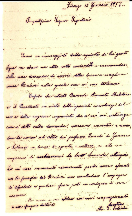1917 FIRENZE Antonio FALOSCHI chiede il rinvio della causa RUBINI *Lettera