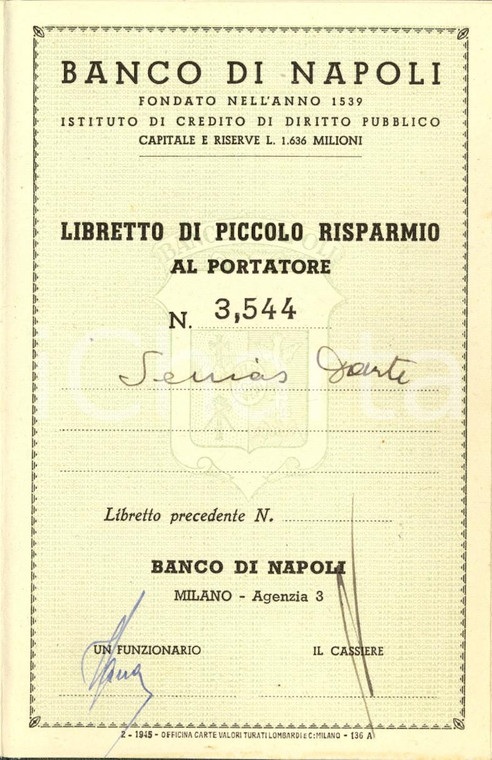 1950 MILANO Banco di NAPOLI *Libretto di piccolo risparmio di Dante SENIAS