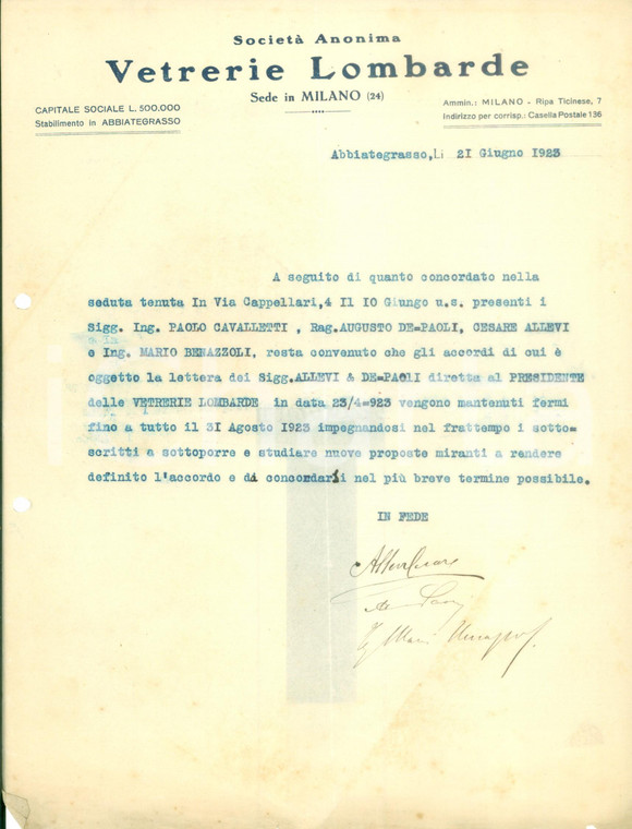 1923 MILANO Società Anonima Vetrerie Lombarde *Lettera commerciale