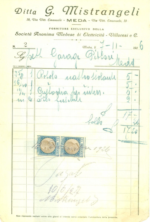 1926 MEDA (MB) Ditta MISTRANGELI Società Anonima Medese di Elettricità *Fattura