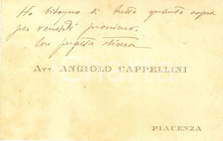 1925 PIACENZA Avvocato Angiolo CAPPELLINI Biglietto con messaggio AUTOGRAFO