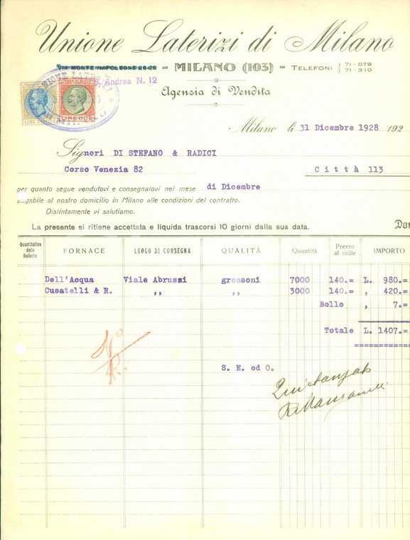 1928 MILANO Unione laterizi Agenzia di vendita *Fattura su carta intestata