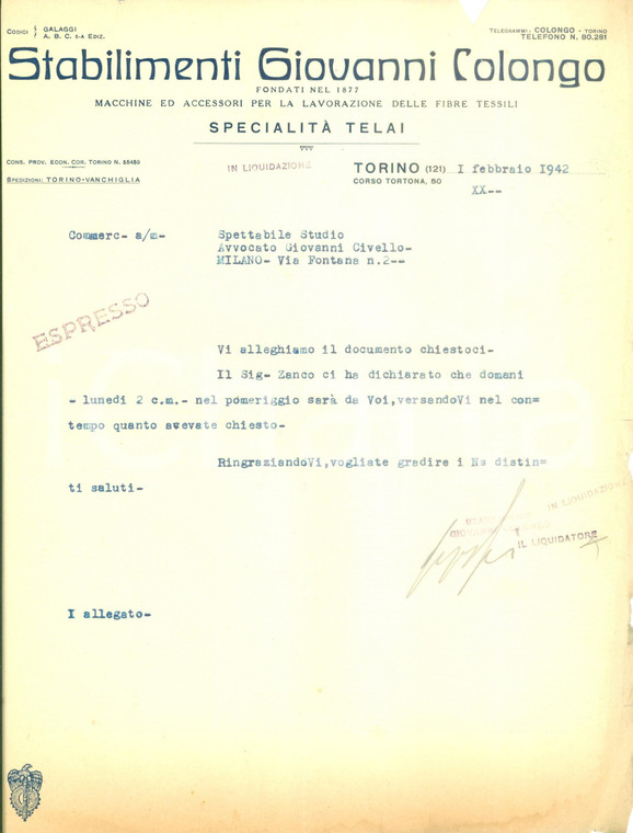 1942 TORINO Stabilimenti Giovanni COLONGO Specialità telai *DANNEGGIATO