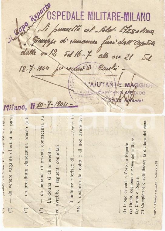 1944 MILANO RSI Soldato Giuseppe AZZOLINA può restare fuori dal'ospedale