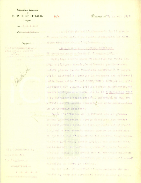 1916 GINEVRA WW1 Angelo Giuseppe ROSCIO riformato per miopia *Documento
