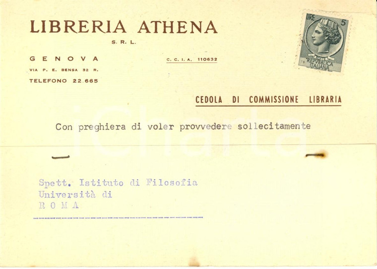 1959 GENOVA Libreria ATHENA s.r.l. a Istituto Studi Filosofici Università ROMA 