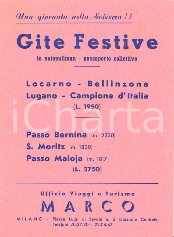 1955 MILANO Ufficio viaggi MARCO Gite festive LOCARNO BELLINZONA LUGANO CAMPIONE