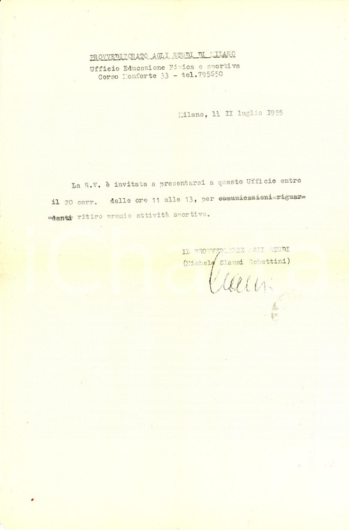 1955 MILANO Provveditorato Studi Ritiro premio *Lettera dattiloscritta INTESTATA