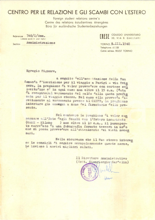 1948 TORINO Centro Relazioni E Scambi Estero Viaggio a PARIGI *Lettera INTESTATA
