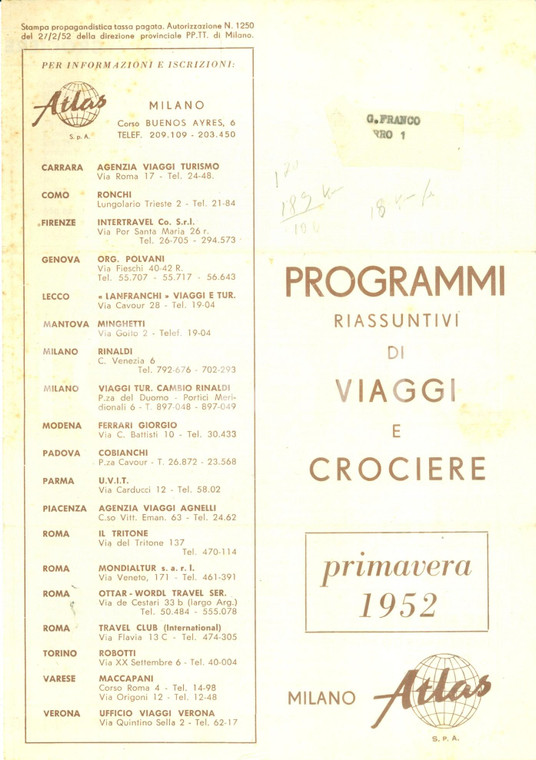 1952 MILANO Programmi riassuntivi viaggi crociere ATLAS *Opuscolo