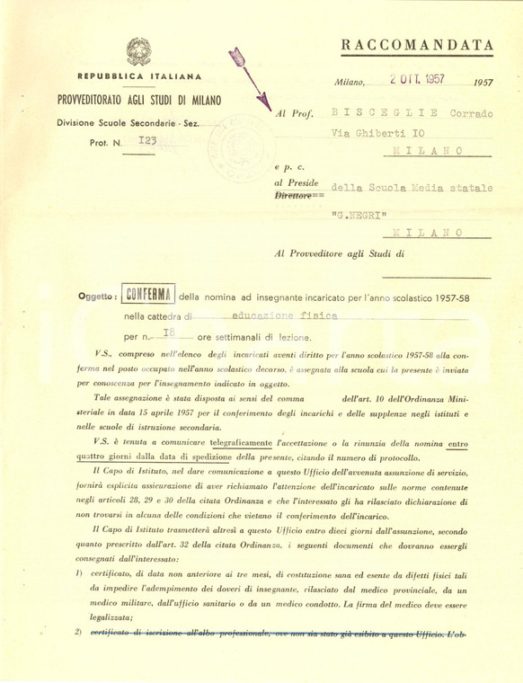 1957 MILANO Provveditorato agli Studi Nomina insegnante scuola NEGRI *Documento