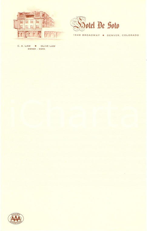 1950 ca DENVER Colorado (USA) Hotel DE SOTO Carta intestata *ILLUSTRATA