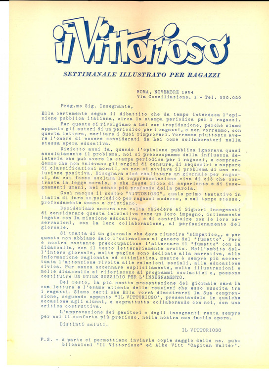 1954 ROMA IL VITTORIOSO Periodico cristiano per ragazzi *Lettera pubblicitaria