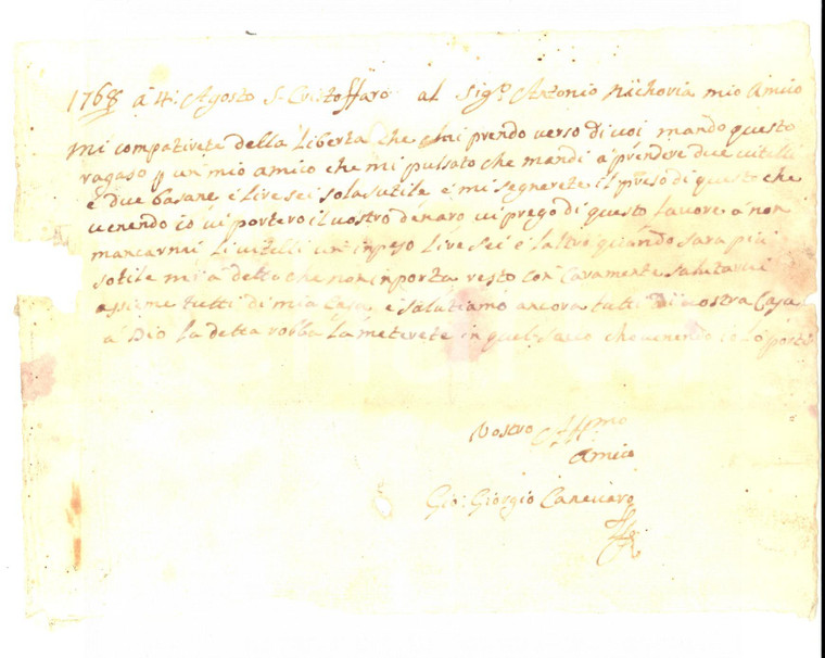 1768 MILANO SAN CRISTOFORO Giovanni Giorgio CANEVARO manda a prendere vitelli