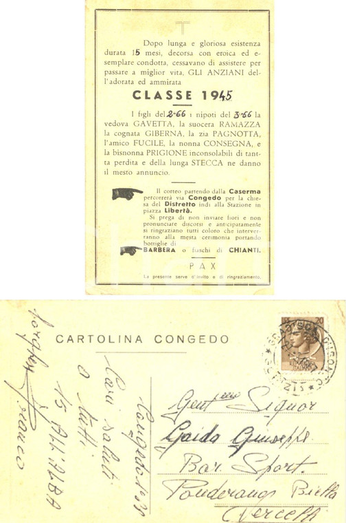 1967 GRADISCA D'ISONZO (GO) Cartolina congedo militari classe 1945 *GOLIARDICA