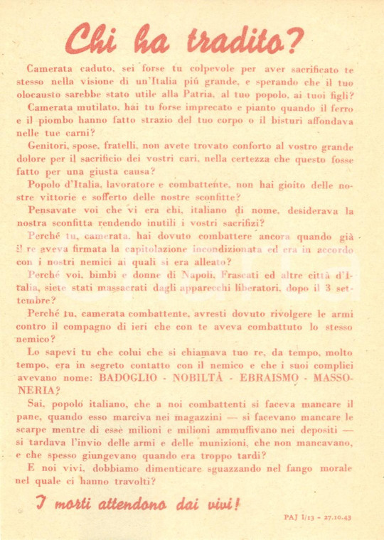 1943 PROPAGANDA RSI Non bisogna dimenticare chi ha tradito *EBREI BADOGLIO (1)